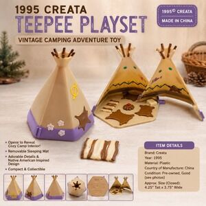 VTG 1995 Creata Teepee Playset Mini Fold-Open Toy Tan Purple with‎ Accessories
